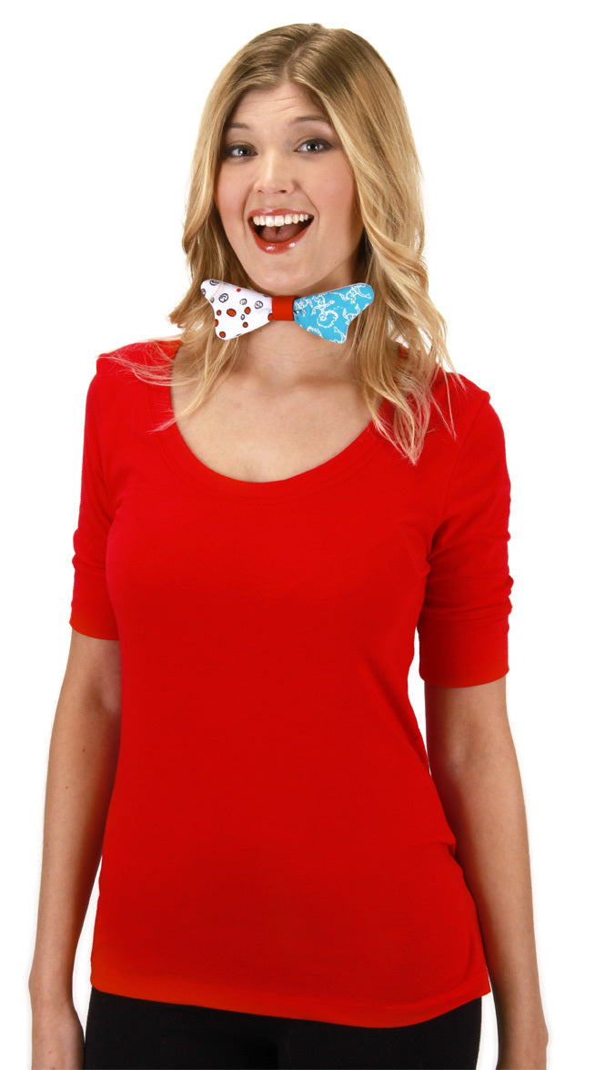 Woman with The Cat in the Hat Thing 1&2 Mismatch Bow Tie