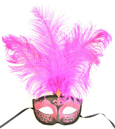 fuschia black glitter feather saint venetian masquerade mask