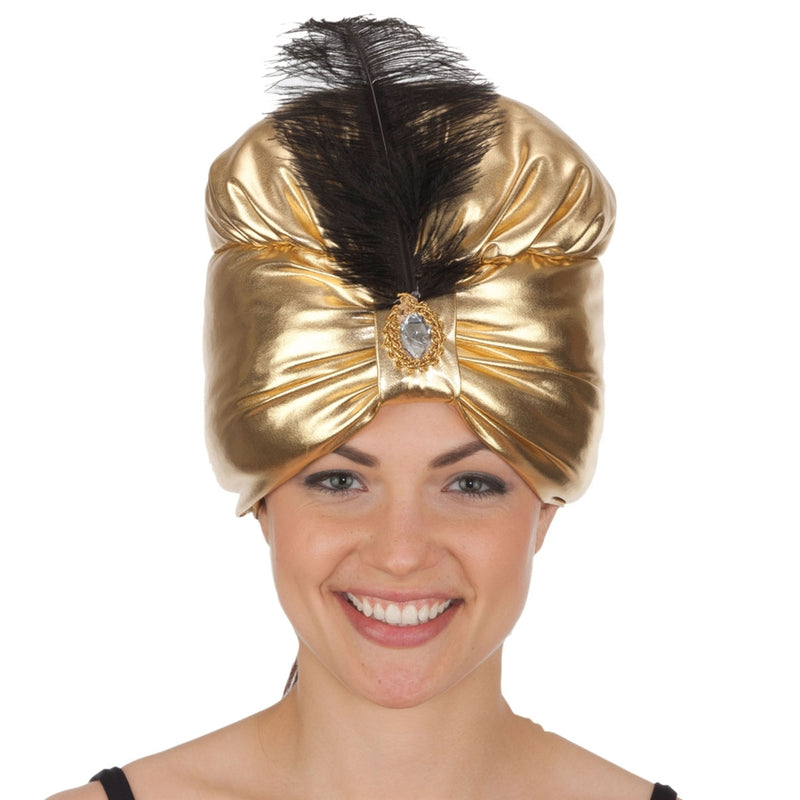 Gold Turban with Black Feather
