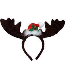 Brown headband with antlers and mini Santa hat