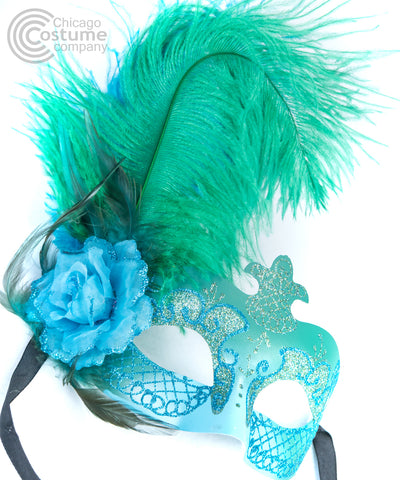 turquoise blue green glitter feather flower eye masquerade mask