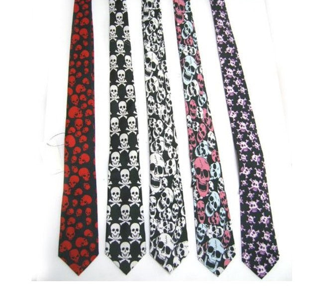 red skull tie, black and white skulls tie, white laughing ties, neon laughing ties, purple skulls tie