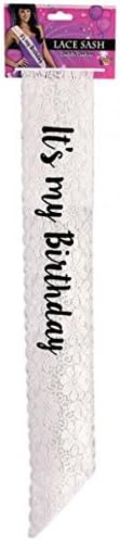 White lace sash with 'It's my Birthday' text on a white background