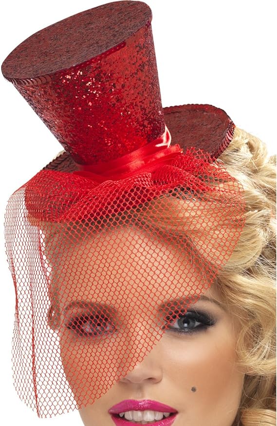 Fever Mini Top Hat On Headband Adult Glitter Red Netting