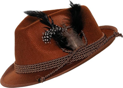 Brown Bavarian Hat with Rope Accent and Feathers