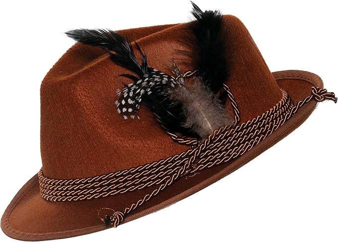 Brown Bavarian Hat with Rope Accent and Feathers