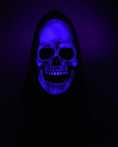 UV Reactive Grim Skull Skeleton Reaper Latex Face Mask with Attached Hood