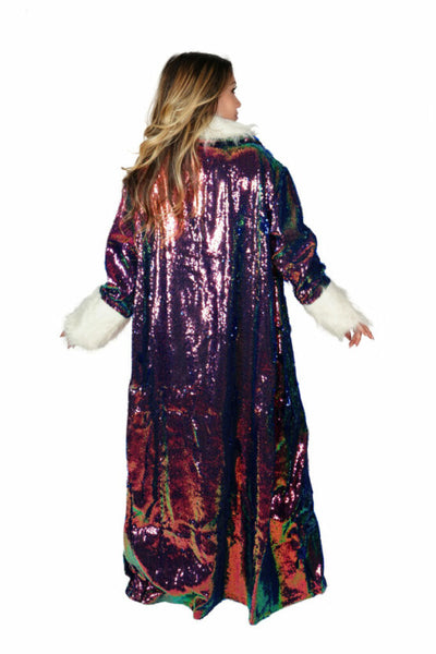 Rainbow Sequin Duster Long Jacket with Faux Fur