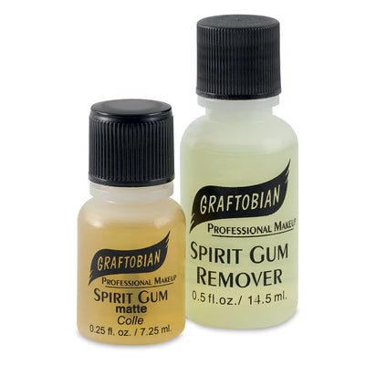 A quarter fluid ounce bottle of Spirit Gum and a half fluid ounce bottle of Spirit Gum Remover