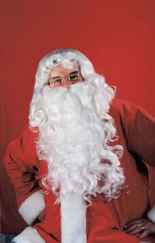 Santa wearing a long stomach length curly beard and shoulder length wig
