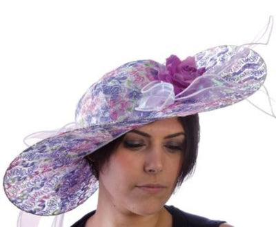 Derby hat made from lace with green, purple and pink flower prints, White ribbon and a purple rose
