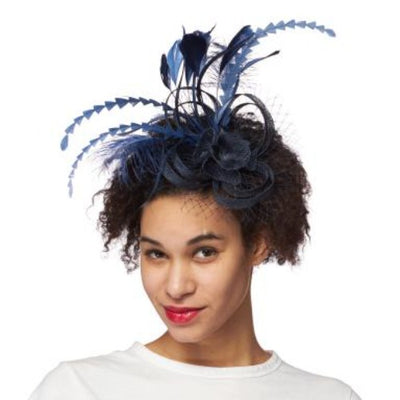 Black lace hair fascinator with lace flower and long light and dark blue feathers