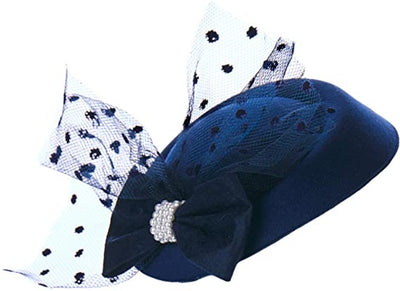 Small round dark blue hat with dark blue felt bow with white pearls
