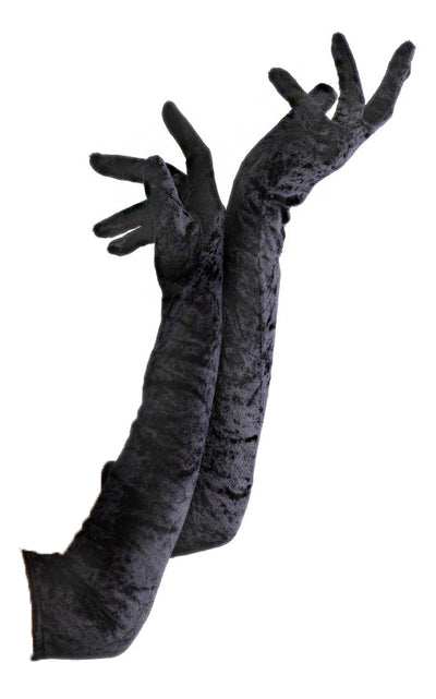 Elbow length black velvet gloves