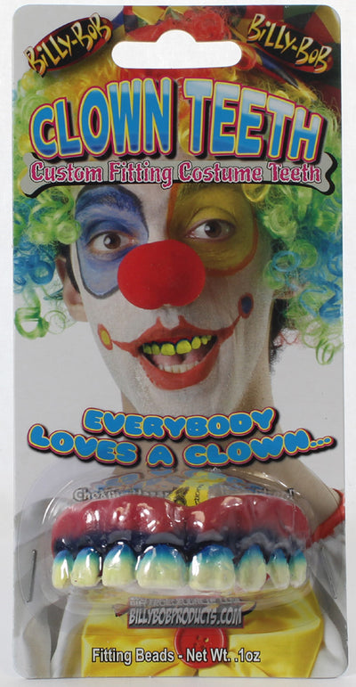 Fake clown teeth with blue gums