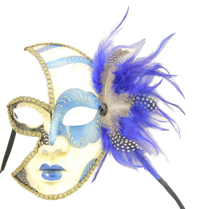 half face cutout blue black feathers masquerade mask