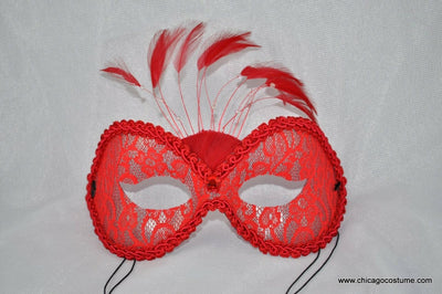 Torino Lace Eye Mask Red Feathers