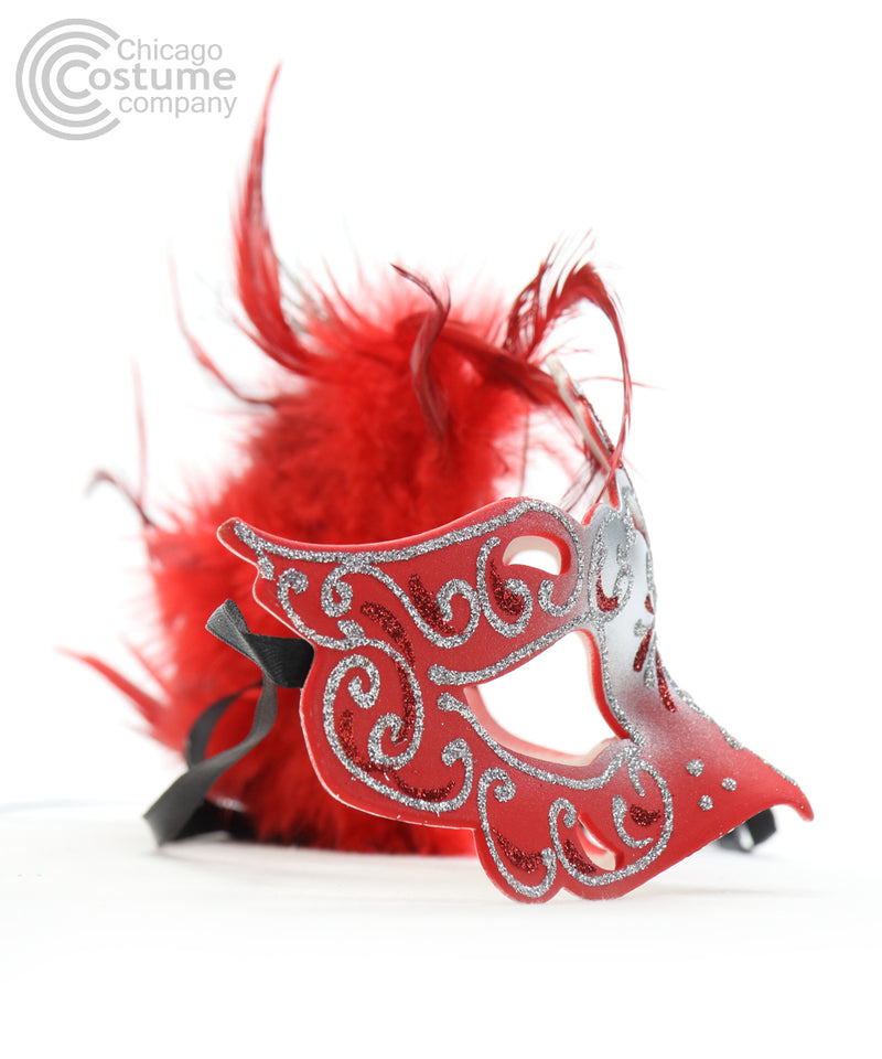 red silver glitter peacock feathers masquerade mask