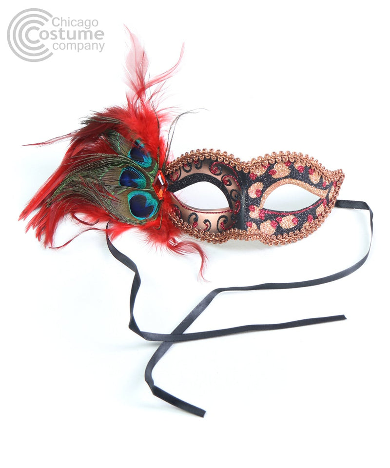 red bronze black glitter peacock feathers masquerade mask