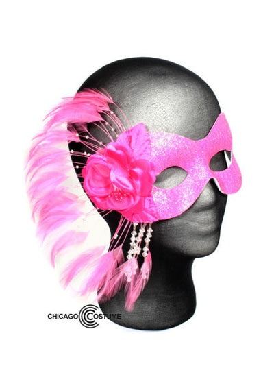 Cosmos Eye Mask - Pink Glittered Mask with a Side Rose and feathers and hanging beads