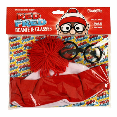 red and white beanie black glasses