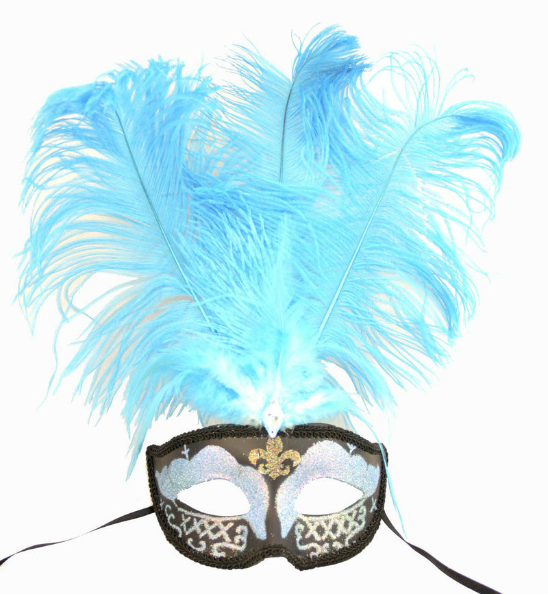 Blue blue black glitter feather saint venetian masquerade mask