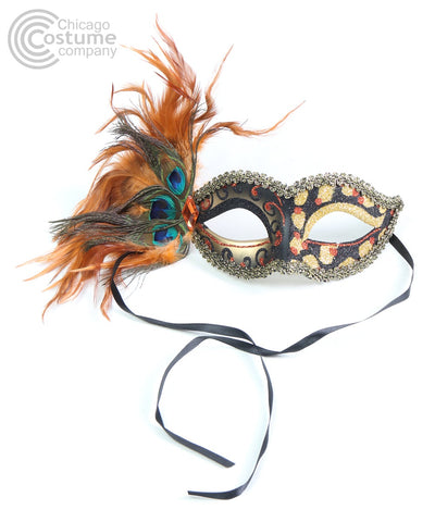 orange black gold glitter peacock feathers masquerade mask
