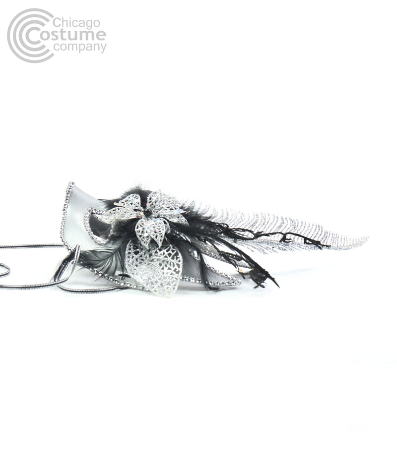 silver sparkly glitter black feathers flowers fancy masquerade mask