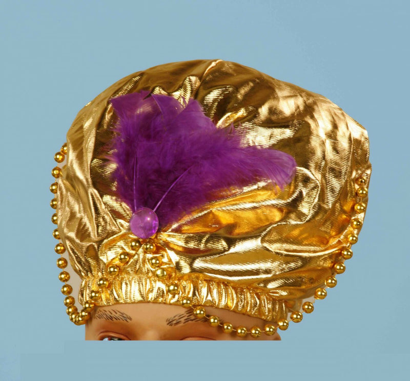 Gold Turban with Beads and Feather