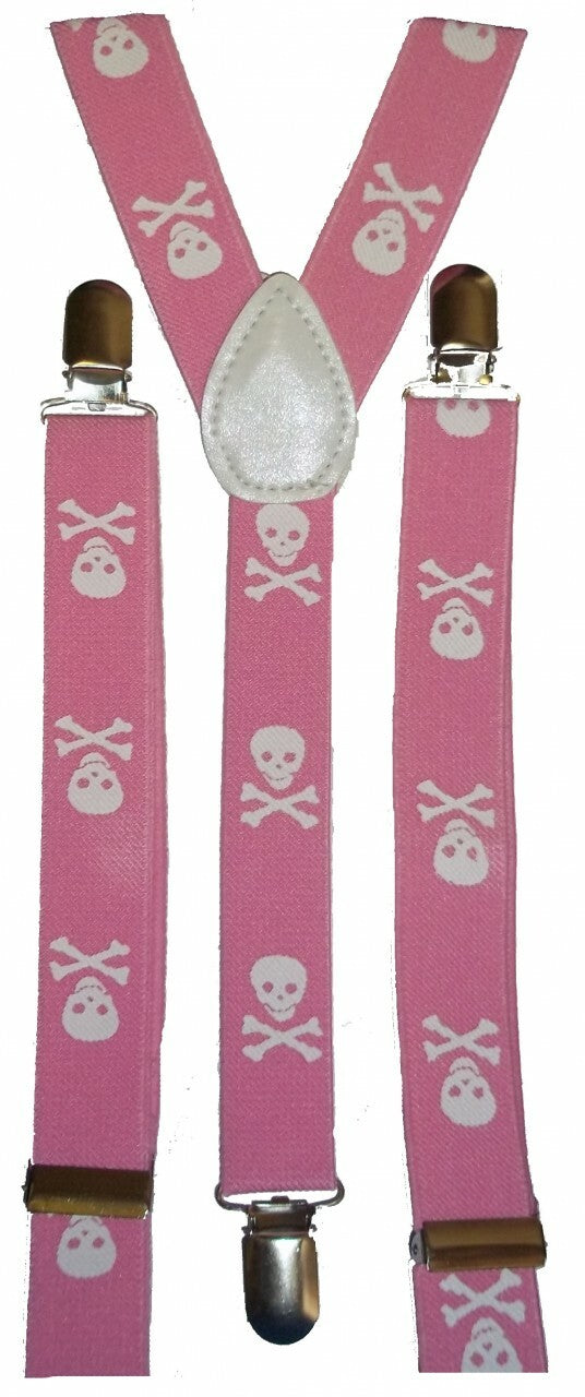 Skull & Crossbones Skinny Suspenders-Pink and White