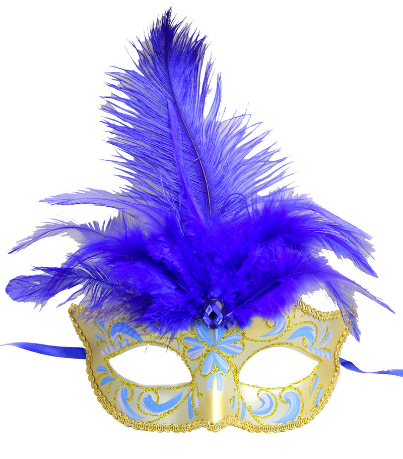 blue gold painted feather masquerade mask