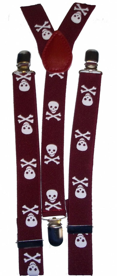 Skull & Crossbones Skinny Suspenders-Burgundy and White