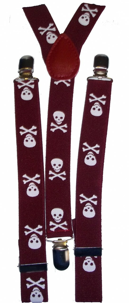 Skull & Crossbones Skinny Suspenders-Burgundy and White
