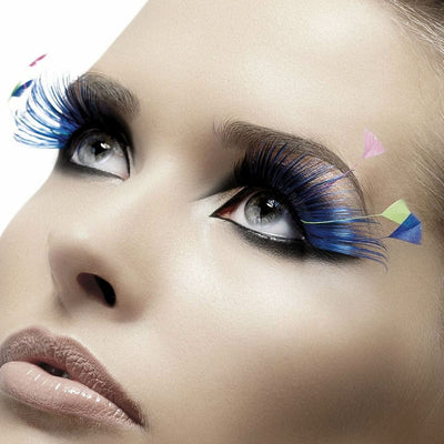 Blue lashes with neon feather plumes by fever eyelashes