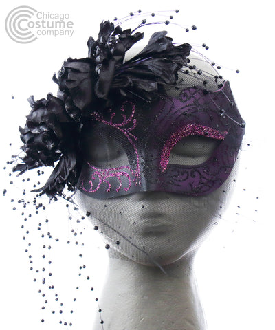 Donna Eye Mask with Veil & Flowers - Purple