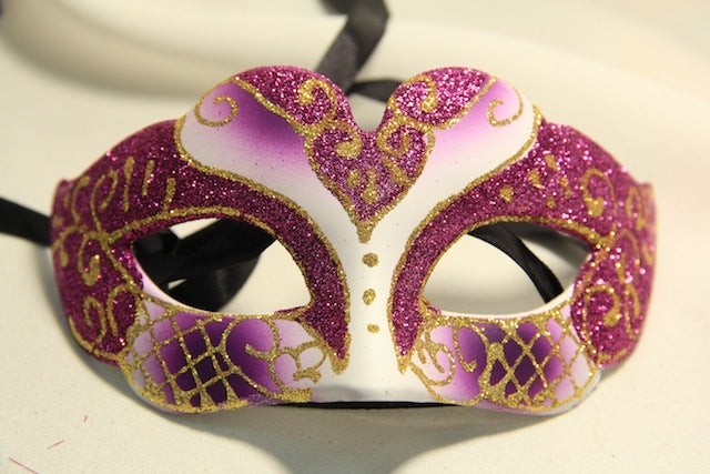 fuschia gold white glitter ornate masquerade mask
