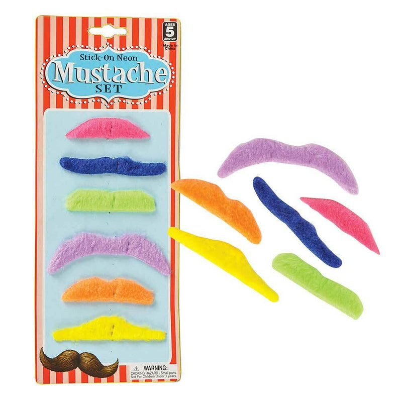 6 piece stick-on neon mustache set 