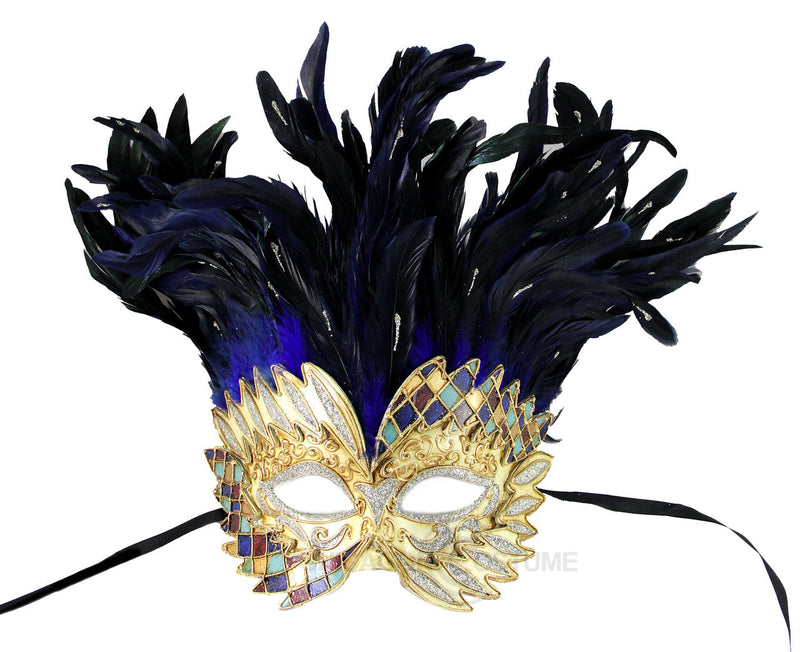 blue glitter feather masquerade mask