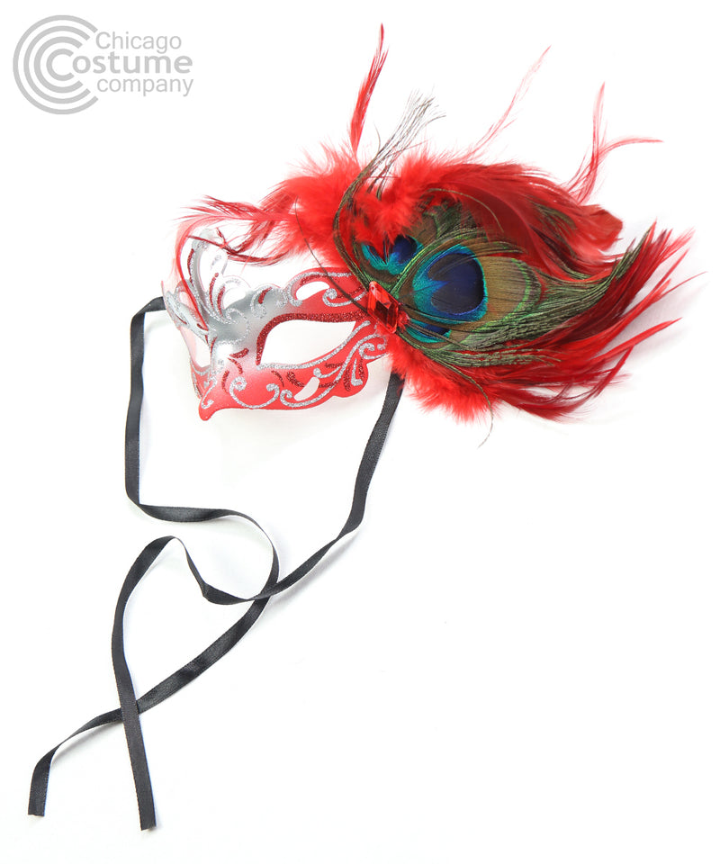 red silver glitter peacock feathers masquerade mask