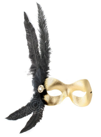 Whitney Eye Mask gold color with black feathers on the right