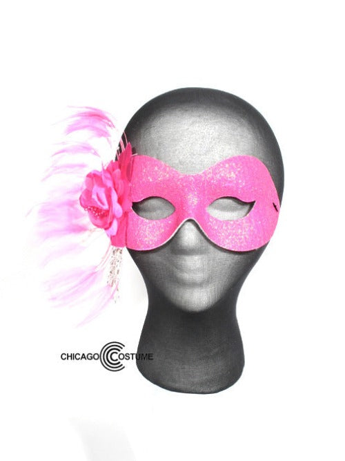 Cosmos Eye Mask - Pink Glittered Mask with a Side Rose and feathers and hanging beads
