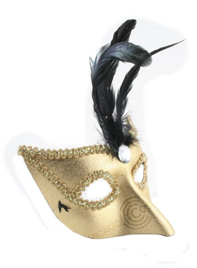 Gold Genevieve Eye Mask with black feathers and jewel 