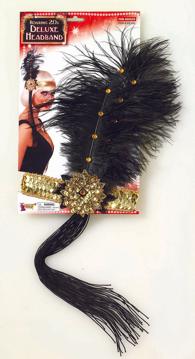 Gold and Black Feather and Jeweled Headband Sequined Deluxe 1920's Roaring 20s Accessory 