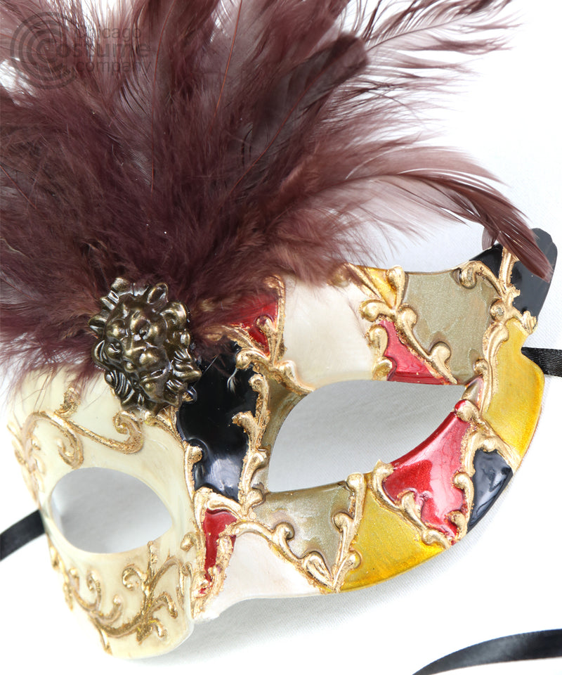 brown gold ivory multicolor feather lion masquerade mask