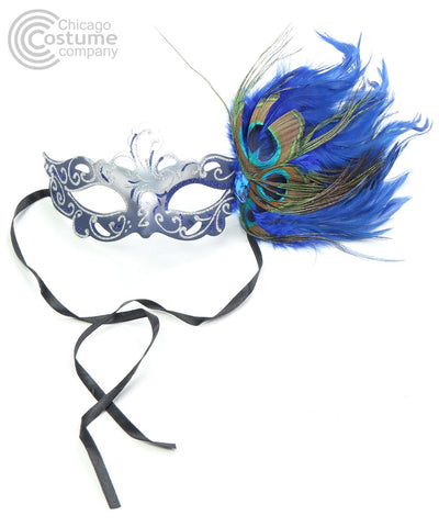 blue silver glitter peacock feather masquerade mask
