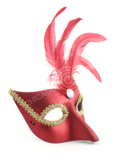 Red Genevieve Eye Mask with Red Feathers and Jewel 