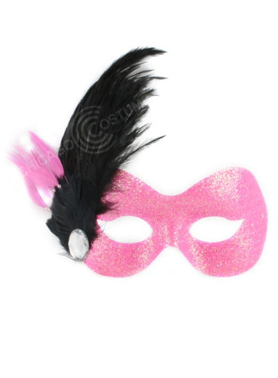 Camille Eye Mask - Pink Glitter with Black and Pink Feathers on the Right side topped with a Jewel