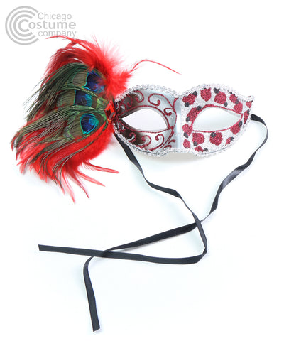 red black silver glitter peacock feathers masquerade mask