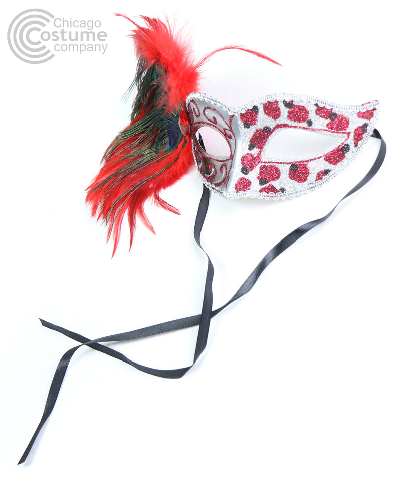 red black silver glitter peacock feathers masquerade mask