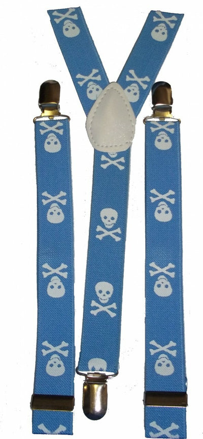 Skull & Crossbones Skinny Suspenders-Blue and White